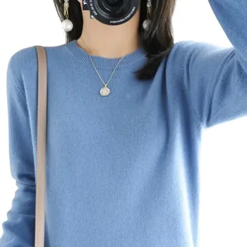 Dámský svetr Dámský pletený svetr z polyesteru a akrylu s výstřihem do O Jednobarevný elegantní svetr s dlouhým rukávem Univerzální velikost pro každodenní nošení modrá