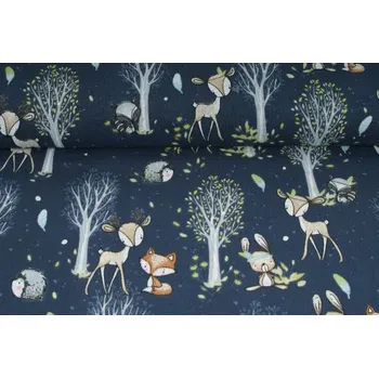 Plátno bavlněné, vzor zvířátka lesa na tmavě modré, metráž, látka