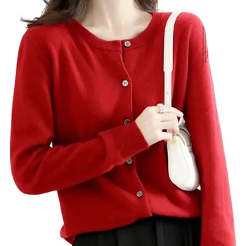 Dámské oblečení Dámský pletený kardigan z polyesteru s výstřihem do O Jednobarevný elegantní svetr s knoflíky a dlouhým rukávem Univerzální velikost vínová