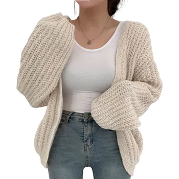 Dámský pletený kardigan bez zapínání z polyesteru Elegantní jednobarevný přehoz s dlouhým rukávem Lehký svetr v univerzální velikosti bílá