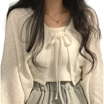 Dámský letní kardigan s dlouhým rukávem a zavazováním na tkaničky Jednobarevný lehký svetr z acetátu polyesteru a viskózy Elegantní svrchní top bílá