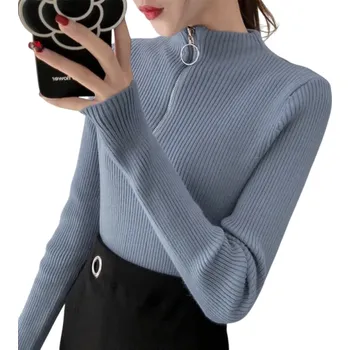 Dámský svetr Dámský svetr s rolákem a polovičním zipem Elegantní jednobarevný svetr z akrylu a bavlny s dlouhým rukávem Pohodlný zimní top v různých barvách modrá