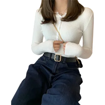 Dámský kardigan z bavlny a polyesteru s polovičním zapínáním na knoflíky Jednobarevný svetr s výstřihem do O Dlouhý rukáv Univerzální velikost bílá