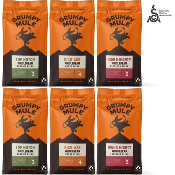 Káva Grumpy Mule výhodný balíček Arabica zrnkové kávy SCA 82+ 6 x 200g