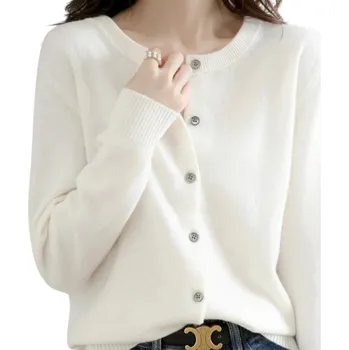 Dámský pletený kardigan z polyesteru s výstřihem do O Jednobarevný elegantní svetr s knoflíky a dlouhým rukávem Univerzální velikost bílá