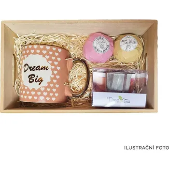 Dárkový potravinový koš Vintage dřevěný box pro ženu s mega hrnkem