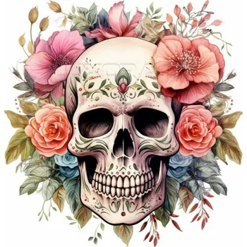 Nášivka Nažehlovačka Lebka s květy růžové - 5,5 x 6 cm
