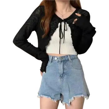 Dámský letní kardigan s dlouhým rukávem a zavazováním na tkaničky Jednobarevný lehký svetr z polyesteru Elegantní vzdušný top pro teplé dny černá