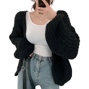 Dámský pletený kardigan bez zapínání z polyesteru Elegantní jednobarevný přehoz s dlouhým rukávem Lehký svetr v univerzální velikosti černá