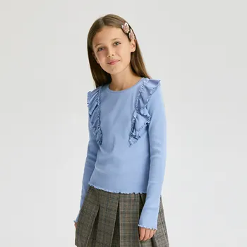 Dívčí tričko Reserved - Žebrovaná halenka s volánem - bleděmodrá - 331FT-05X - 331FT-05X-152