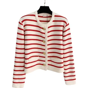 Dámský pruhovaný kardigan z polyesteru s výstřihem do O Elegantní pletený svetr s knoflíky a dlouhým rukávem Univerzální velikost červená