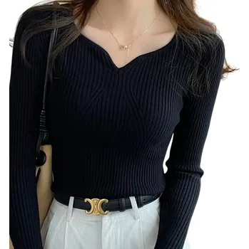 Dámský svetr Dámský svetr s dlouhým rukávem a výstřihem do V Jednobarevný elegantní top z bavlny a polyesteru Pohodlný univerzální svetr pro každodenní nošení černá