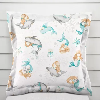 Povlak na dekorativní polštářek Dětský bavlněný povlak na polštář s lemem Sandra SA-691 Modrozelené mořské panny s delfíny a velrybami na bílém 50 x 50 cm