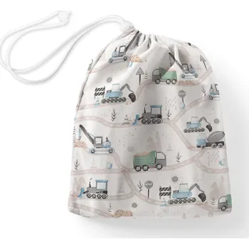 Školní sáček Bavlněný pytlík/sáček na přezůvky Sandra SA-687 Modro-zelená auta a bagry na bílém