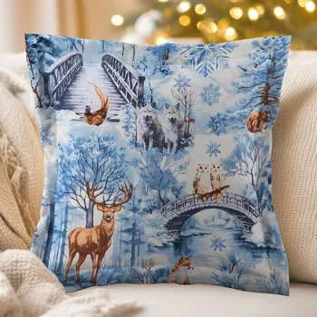 Povlak na polštářek Bavlněný povlak na polštář s lemem Sandra SA-674 Lesní zvířata v zimním lese na modrém 30 x 50 cm
