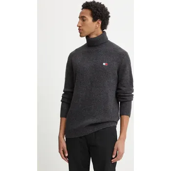 Pánský svetr Svetr z vlněné směsi Tommy Jeans pánský, šedá barva, s golfem, DM0DM20602 90Y, vel. M