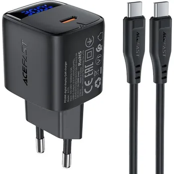 Acefast nabíječka A115 s digitálním displejem, GaN, PD 30W, USB-C + USB-C kabel, 1,2 m, černá