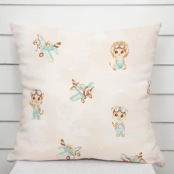Povlak na dekorativní polštářek Dětský bavlněný povlak na polštář Sandra SA-686 Lvíčata s letadýlky na světle béžovém 35 x 45 cm