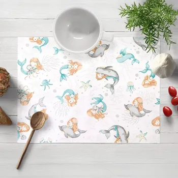prostírání Dětské bavlněné prostírání na stůl Sandra SA-691 Modrozelené mořské panny s delfíny a velrybami na bílém 30x40 cm