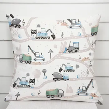 Povlak na dekorativní polštářek Dětský bavlněný povlak na polštář Sandra SA-687 Modro-zelená auta a bagry na bílém 50 x 60 cm