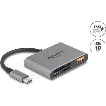 Čtečka paměťových karet Delock Čtečka karet USB-C pro paměťové karty SD a Micro SD + port USB 10 Gb/s typu A a USB typu C PD 2.0 85 W