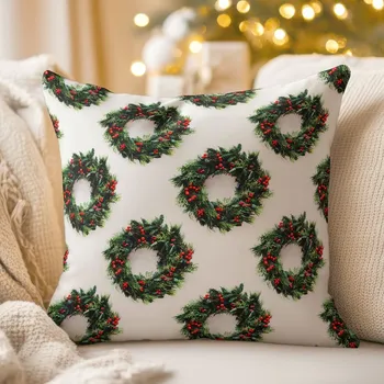 Povlak na dekorativní polštářek Saténový povlak na polštář LUP-508 Vánoční věnečky na bílém 40 x 40 cm