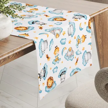 ubrus Dětský bavlněný běhoun na stůl Sandra SA-693 Africká zvířátka na modrých obláčcích na bílém 20x120 cm