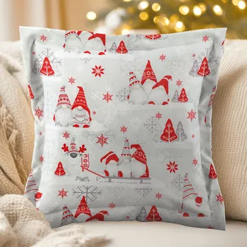 Povlak na dekorativní polštářek Vánoční bavlněný povlak na polštář s lemem Sandra SA-133 Červení skřítci na světle šedém 30 x 50 cm