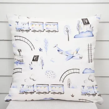 Povlak na polštářek Dětský bavlněný povlak na polštář Sandra SA-690 Modré vláčky s letadýlky na bílém 50 x 50 cm
