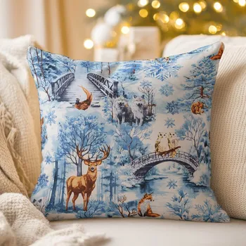 Povlak na dekorativní polštářek Bavlněný povlak na polštář Sandra SA-674 Lesní zvířata v zimním lese na modrém 70 x 90 cm