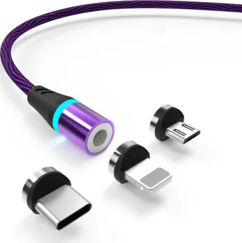Datový kabel W-Star KBMG2BKV1 -Magnetický USB kabel 3v1 USBC, Lightning, micro USB, 3A 1m černá fialová