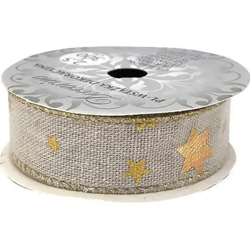 Stuha Ozdobná dekorativní stuha béžová se zlatými hvězdami 2,5x300cm