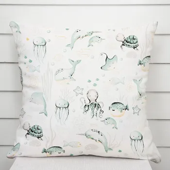 Povlak na dekorativní polštářek Dětský bavlněný povlak na polštář Sandra SA-688 Mořský svět zelený na bílém 35 x 45 cm