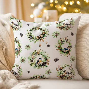 Povlak na dekorativní polštářek Dekorační povlak na polštář TF-103 Vánoční věnce s ptáčky na bílém 35 x 45 cm