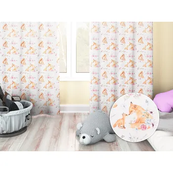 ubrus Dětský bavlněný závěs Sandra SA-694 Veverky a lišky mezi květinami na bílém 150x150 cm