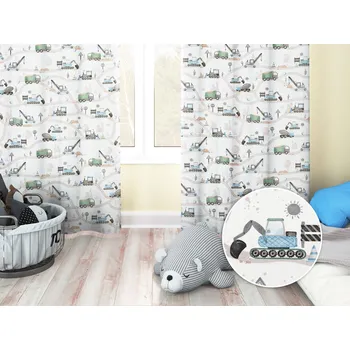 ubrus Dětský bavlněný závěs Sandra SA-687 Modro-zelená auta a bagry na bílém 150x210 cm