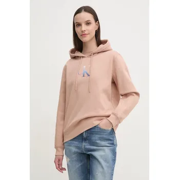 Dámská mikina Mikina Calvin Klein Jeans dámská, oranžová barva, s kapucí, s potiskem, J20J224721 01C, vel. S