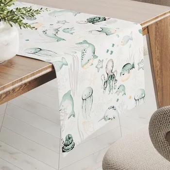 ubrus Dětský bavlněný běhoun na stůl Sandra SA-688 Mořský svět zelený na bílém 20x120 cm
