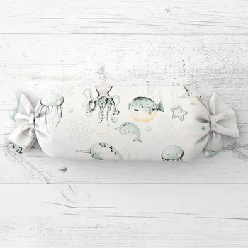 Dekorativní polštářek Dětský polštář válec bonbon Sandra SA-688 Mořský svět zelený na bílém 15x60 cm