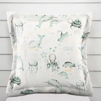 Povlak na dekorativní polštářek Dětský bavlněný povlak na polštář s lemem Sandra SA-688 Mořský svět zelený na bílém 40 x 40 cm