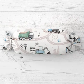 Dekorativní polštářek Dětský polštář válec bonbon Sandra SA-687 Modro-zelená auta a bagry na bílém 15x40 cm