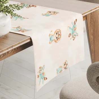 ubrus Dětský bavlněný běhoun na stůl Sandra SA-686 Lvíčata s letadýlky na světle béžovém 35x120 cm