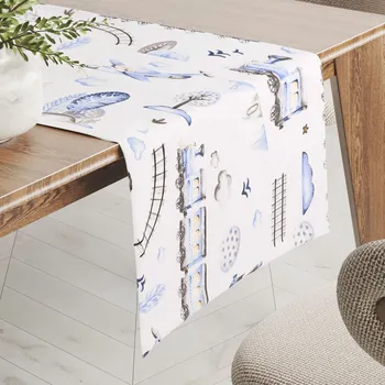 ubrus Dětský bavlněný běhoun na stůl Sandra SA-690 Modré vláčky s letadýlky na bílém 20x120 cm