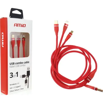 Datový kabel Amio 02178 - Multi-kabel pro telefon USB C / micro USB 1.2m červený FullLINK 3.1A UC-7