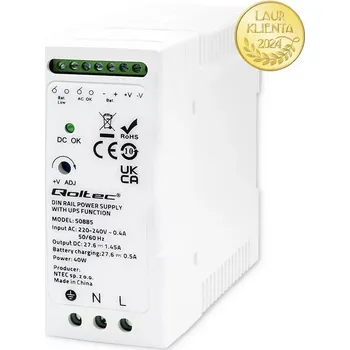 stmívač Qoltec 50885 | DIN napájecí zdroj s funkcí UPS 27,6 V DC / 60 W (Tento zdroj UPS pro montáž na DIN lištu podporuje vstupní napětí v rozsahu 220 V AC až 240 V AC. Jeho výstupní napětí je 27,6 V DC. Je také vybaven indikací slabé baterie a detekcí střídavéh