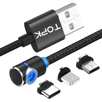 Datový kabel TOPK MG90BK1 - Magnetický USB kabel 3v1, 90° USBC, micro USB, lightning, 2,4A, černá 1m