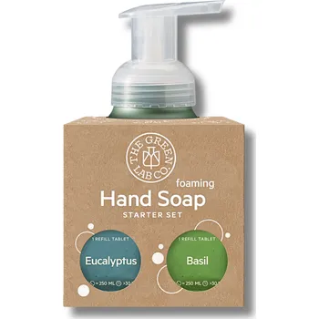 Mýdlo The Green Lab Co | Startovací sada – pumpička a mýdlo na ruce v tabletách Eukalyptus & Bazalka znovuplnitelný dávkovač • pěnové mýdlo • šetrné složení bez chemie