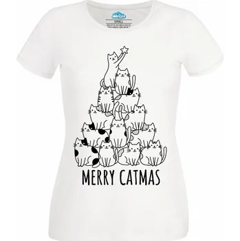 Dámské tričko Dámské tričko Kočičí Stromeček Merry Catmas (Velikost: XXL, Barva: Bílá)