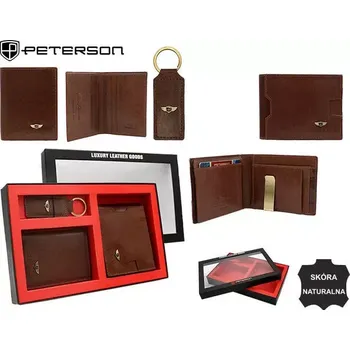 Peněženka Dárková sada: kožená peněženka, pouzdro a klíčenka PETERSON PTN SET3-N78-VT BROWN
