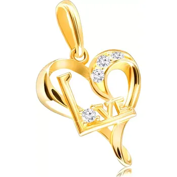 Přívěsek Diamantový přívěsek ze žlutého 14K zlata - srdce s nápisem "LOVE", čiré brilianty